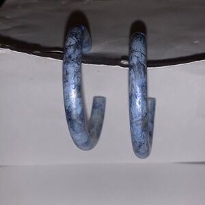 Blue Marbled Hoop Earrings Mottled Stone Effect C-Hoop Butterfly Back Jewelry